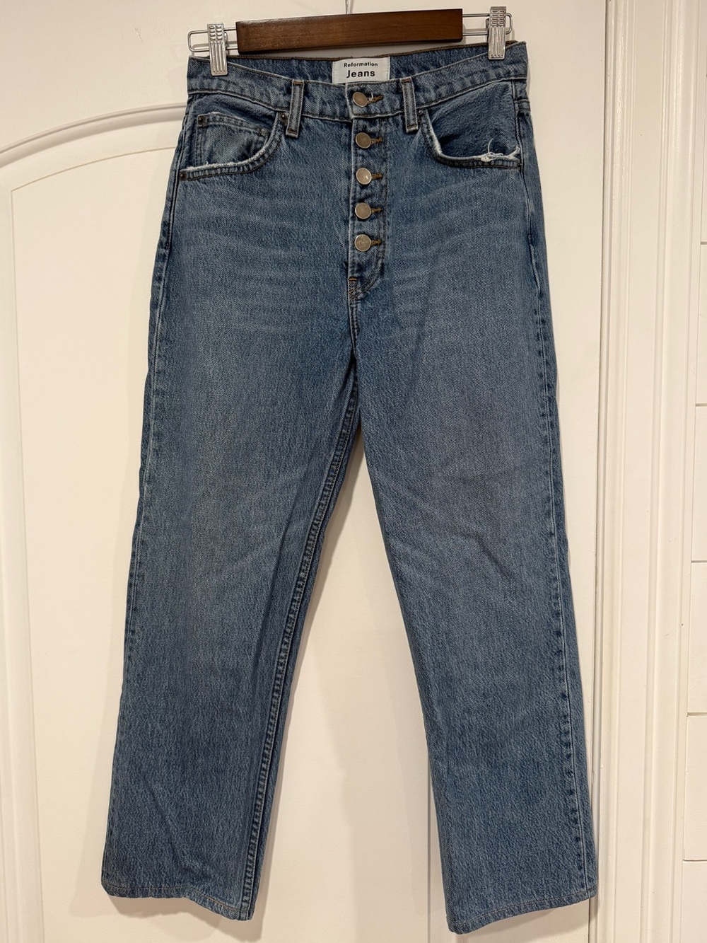 Reformation High-Rise Button-Fly Blue Jeans